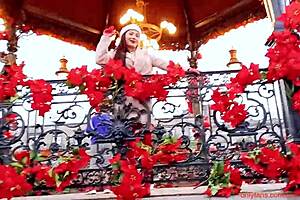 Christmas latina milf flashes her big tits in public