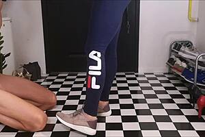 European wife jerks off in front of husband while he licks her feet