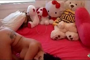 Tattooed brunette pornstar gets her big tits and pussy fucked during hardcore webcam show