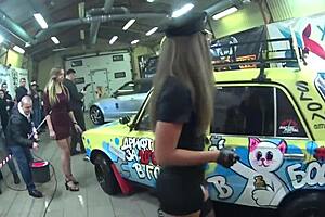 Seductive moves from a lady in leather panties and mini skirt