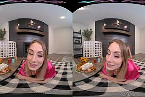VR allure: A hot blonde isn't in lingerie while masturbating on fire