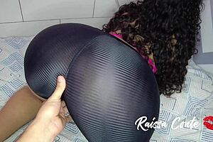 Sexy gym shorts covered by Brazilian MILF get stripped then pussy pleasured