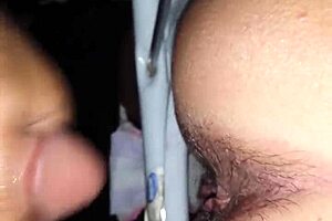 After hardcore orgy, hairy hole covered in hot piss