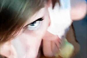 The beautiful brunette babes gives a POV blowjob to an older man with a mouthful of cum in POV
