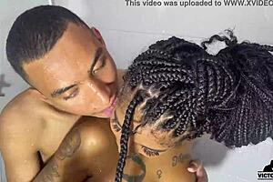 Amateur gay couple playing together in a hotel shower