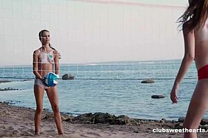 Beach volleyball bitches and horny muscular females showing big boobed bodies