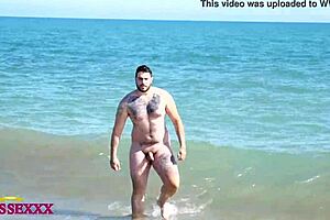 Titty pin-up naked beach walk with a plain handsome man but packing a very large cock – Magic Javi