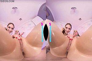 Blue-haired slut with small ass and natural tits in hot VR threesome , HD 720p