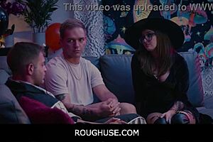 Teen Leana Loves gets drilled by two big cocks at at Halloween party