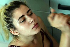 Blonde teen gives homemade blowjob in the kitchen