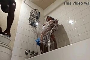 Big black booty MILF gets wet and wild in the shower