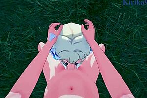 POV anime video seductively walks around Lumine, rubbing her hand on her exposed pussy