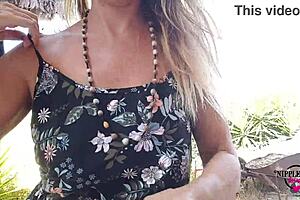 Nipple lover's dream: Extreme stretched nipples nipples and huge nipple rings flashing of hot mom with tiny small boobs in the outdoors