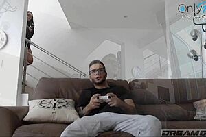A sexy partner Cumming on his cock while he plays Call of Duty