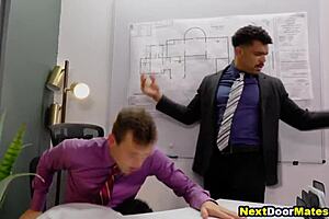 Cuckold, white woman, black and Asian man together in the office with the black boss
