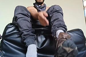 Hairy-body, young Latino guy with unshaved pubes having sex and comes
