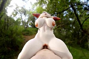 Furry master being flirty touches Scorbunny on the chest in the wilderness
