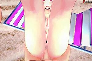 Sexy anime blondie Marin Kitagawa getting an unfazed Hentai POV in red dress-up