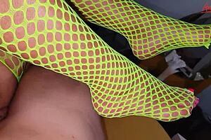 A beautiful and provocative dance of the stepparents – Ksenia solo in Illusion bodysuit made of yellow mesh underwear