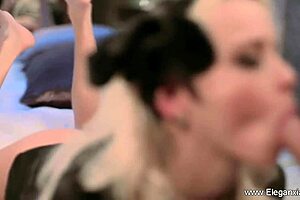 Naked Asian woman teaches a sex slave how to perform blowjob