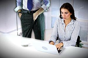 A dirty woman is seen rubbing her private part as she works