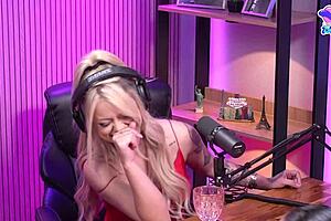 Blonde horny babe gets wild and lays down on the pod cast