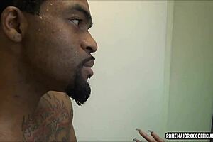 Envy Adams gives Italian stallion Rome Major's big cock a deepthroat in the bathroom