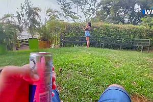 Public sex in the park, with condom pull and facial expression
