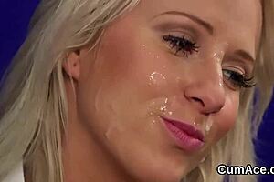 Sexy and beautiful woman gets facial the moment she sucks different men’s genitals
