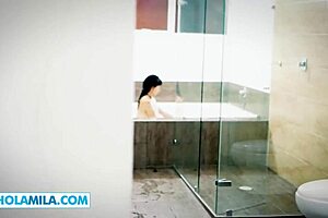 Mila Garcia’s home made bathroom lesbian oral sex and doggy style orgasms