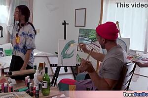 Bored artist man seduces both his girlfriend and model at the same time