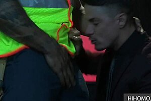 Gay bottom is overpowered with anal sex toy during a three-way scene