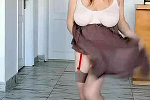Alluring fully grown lady MariaOld with large genuine bisous and in nylons and suspender belt