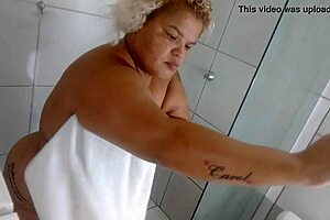 Watch a voluptuous, curvy woman enjoying a breath of fresh air with a shower
