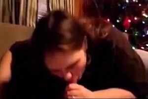 Air mail Christmas party with thick titted housewife sucking her husband tongue deep