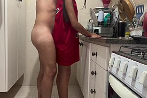 This tape contains double teaming of tiny waist tramp in kitchen