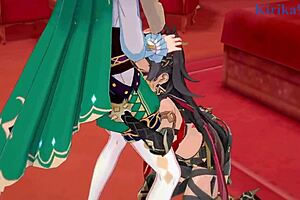 Genshin Impact steamy hentai of a sensual encounter between Madame, Dehya and Venti