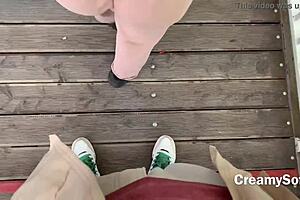 Dirty slut decides to get the hot cumshot on her face while riding Ferris wheel during blowjob