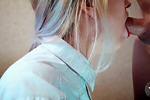 Her stepbrother gets a sloppy blowjob from blonde beauty