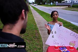 Petite ebony woman seeking to sell baked products to raise college tuition decides to sell her body