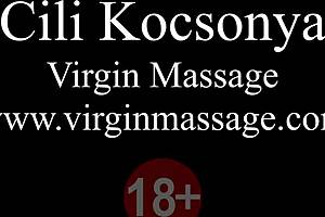 Slim young woman with brown hair Cili Kocsonya gets her first orgasm through a massage