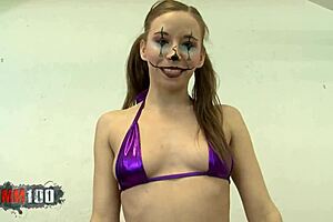 Tiny beauty Norah Nova with beautifully-shaped hillock like breasts gets sex with a clown