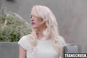 Blonde lesbians and trans woman sex in threesome