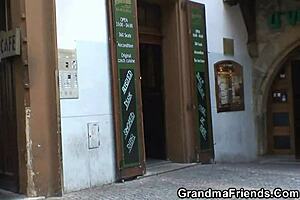 Two men pick up a blonde older woman for casual intercourse