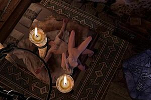 Slender blonde is involved in sideboob in a cartoon parody of the game Skyrim