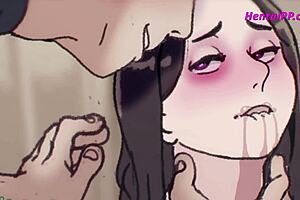 Asian, busty anime beauty gives an incredible hard blowjob in animated video