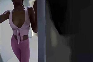 Mila Mars, black amateur busty gets a gym bathroom blowjob and doggystyle sex