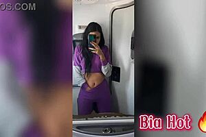 Sensual brunette beekeeper has a solo pleasure and sissy playing experience on bus toilet excursion