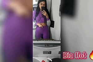 Sensual brunette beekeeper has a solo pleasure and sissy playing experience on bus toilet excursion