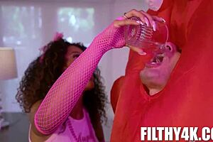 Threesome with Johnny Love in a cosplay themed scene with Naomi Foxxx and Skylar Sun